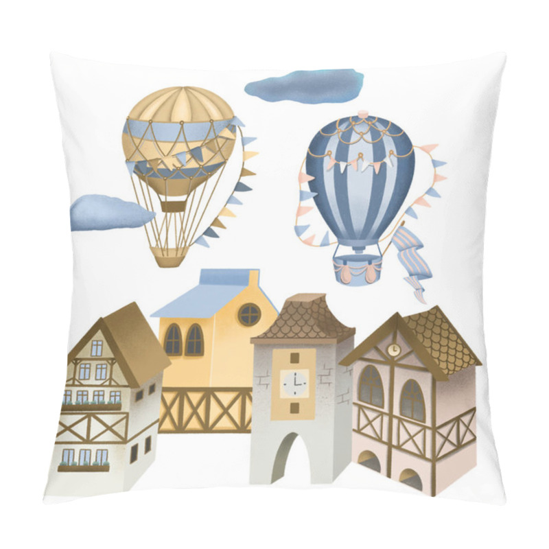 Personality  Illustration Of Bavarian Houses And Retro Hot Airballoons In The Sky, Festive Old Town Street, Hand Drawn On White Backround Pillow Covers