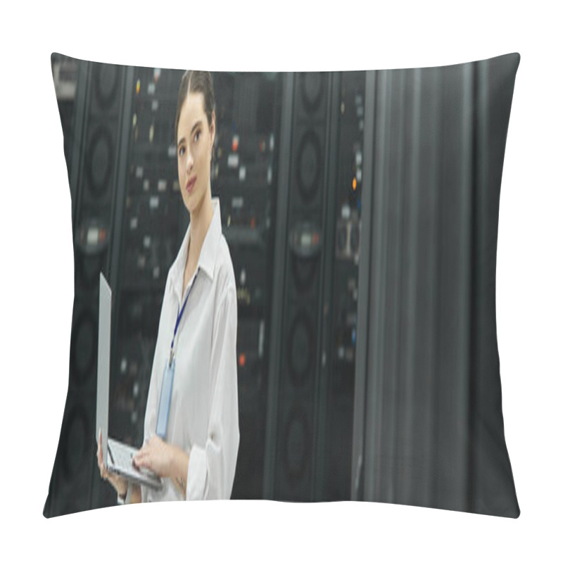 Personality  Focused Woman In A White Shirt Works With A Laptop In A High-tech Server Room, Banner Pillow Covers