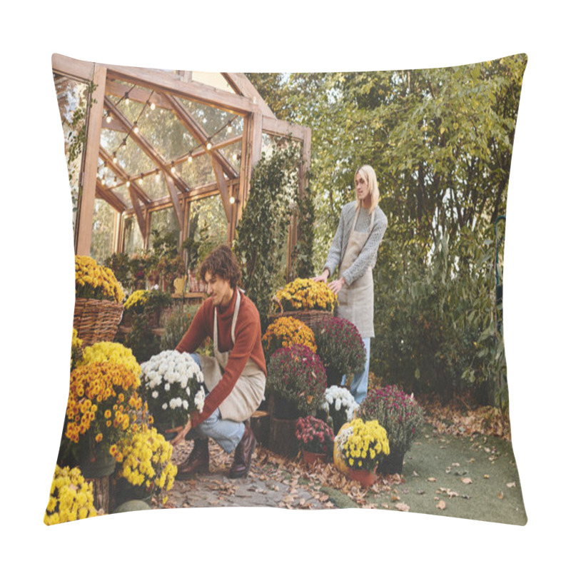 Personality  Two Young And Stylish Men Joyfully Tend To Vibrant Flowers In A Lush Greenhouse, Surrounded By Colorful Blooms And Greenery. They Showcase Their Passion For Horticulture. Pillow Covers