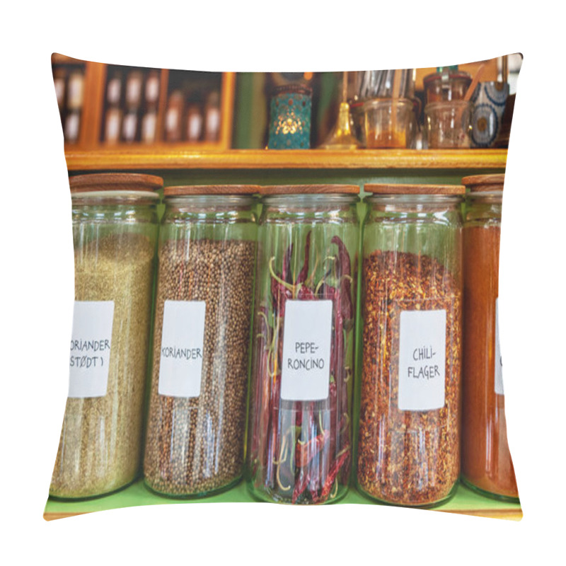 Personality  Close Up Image Of Different Spices In Jars Placed In Row Pillow Covers