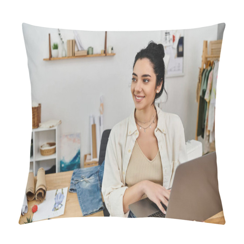 Personality  A Young Woman Transforms Her Clothes While Seated With A Laptop. Pillow Covers