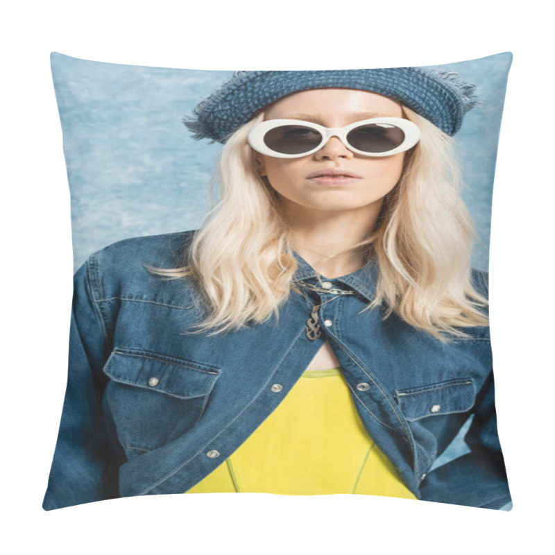 Personality  Young Blonde Woman In Denim Panama Hat And Sunglasses Posing Near Blue Textured Background   Pillow Covers