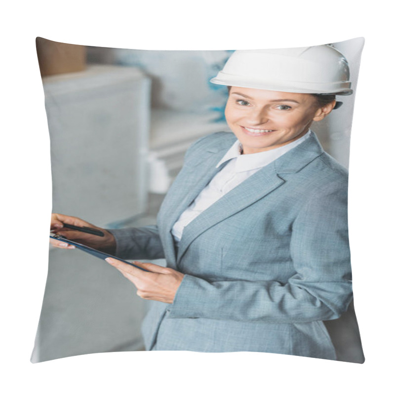 Personality  Female Inspector In Helmet Writing Notes On Clipboard In Warehouse Pillow Covers