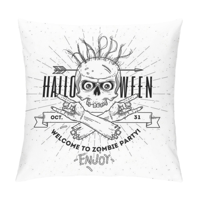 Personality  Halloween Poster With Zombie Head And Hand - Line Art Vector Illustration Pillow Covers