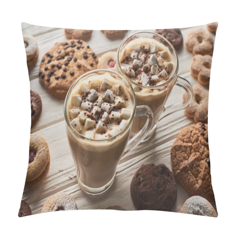 Personality  Cacao With Marshmallow In Mugs Near Cookies On White Wooden Table Pillow Covers