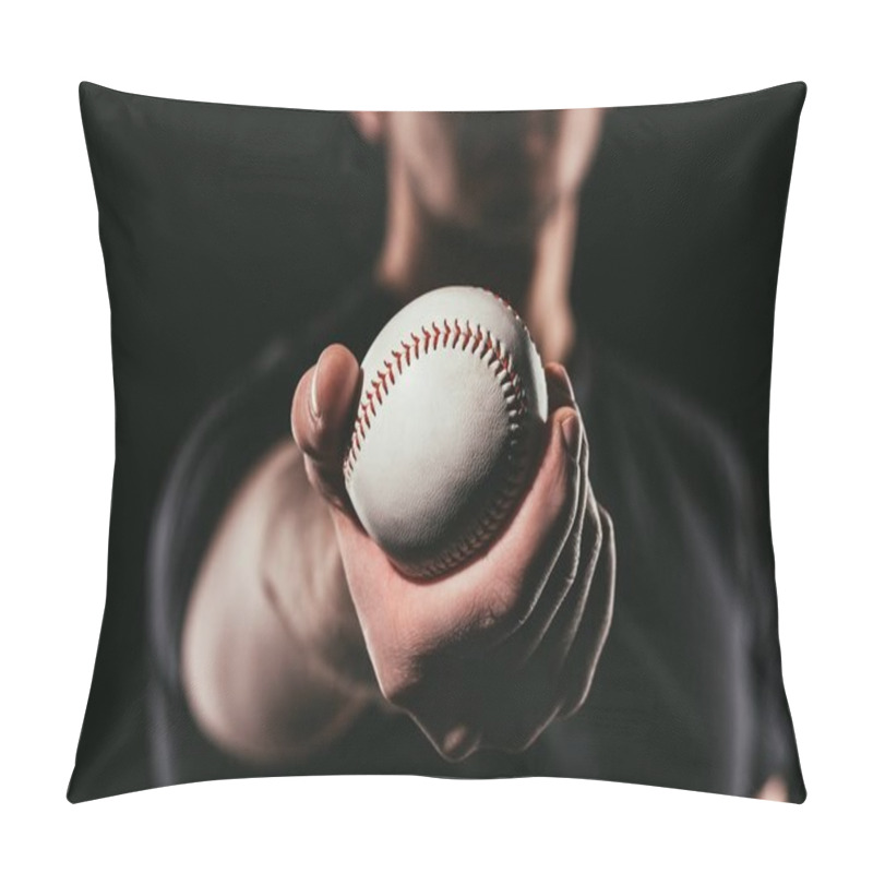 Personality  Selective Focus Of Man Holding Baseball Ball Isolated On Black Pillow Covers