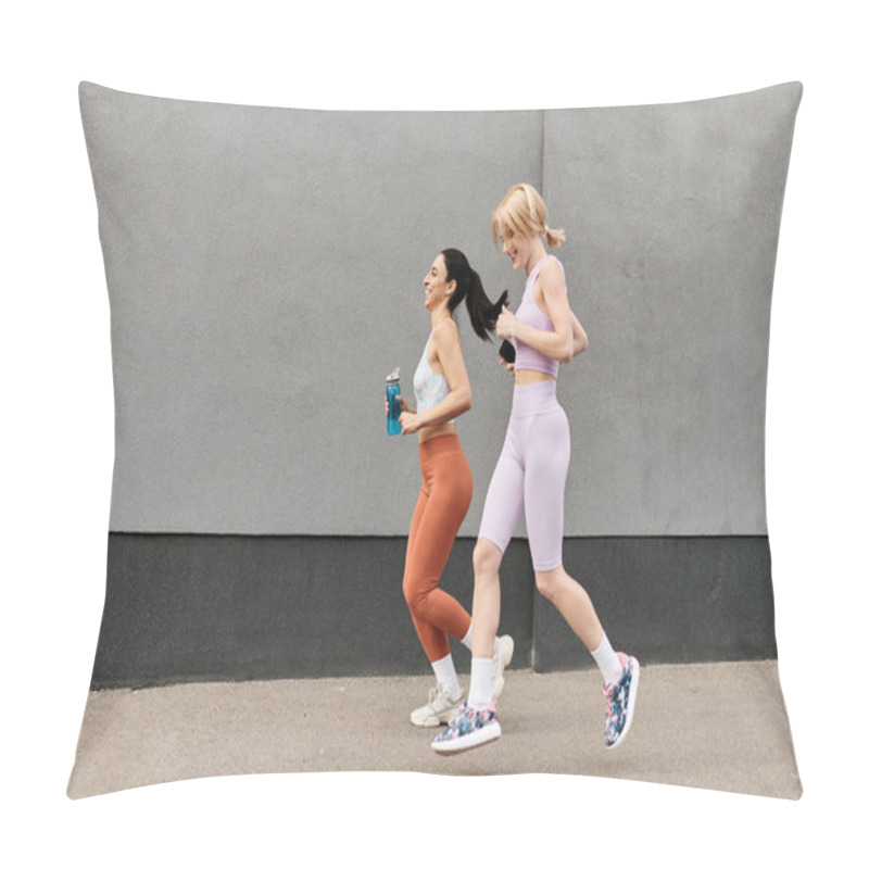 Personality  Two Vibrant Women Jog Side By Side, Sharing Laughter And Happiness In A Park Setting. Pillow Covers