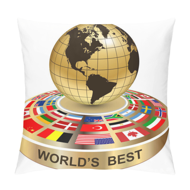 Personality  World's Best Symbol, 3D Gold Globe On Podium With National Flags, Vector Icon Design. Pillow Covers