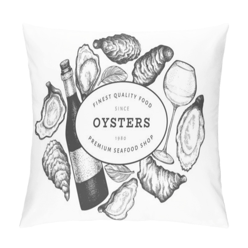 Personality  Oysters And Wine Design Template. Hand Drawn Vector Illustration. Seafood Banner. Can Be Used For Design Menu, Packaging, Recipes, Label, Fish Market, Seafood Products. Pillow Covers