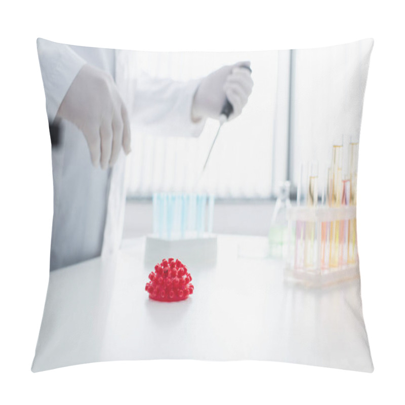 Personality  Partial View Of Blurred Virologist Working Near Red Coronavirus Bacteria Model Pillow Covers