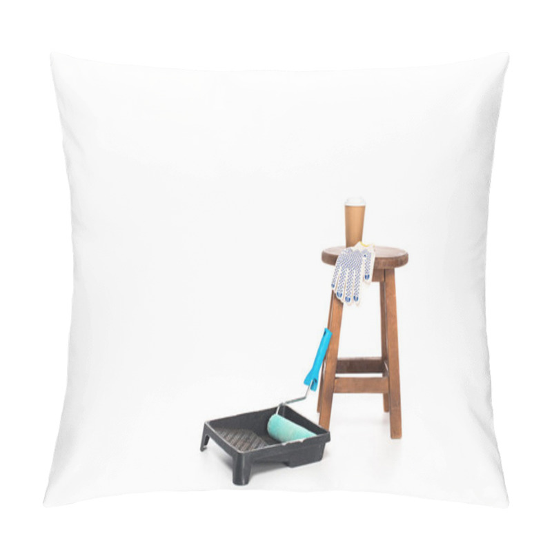 Personality  Close Up View Of Roller Tray With Paint Roller, Chair With Paper Cup Of Coffee And Protective Gloves Isolated On White Background  Pillow Covers