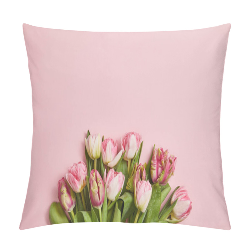 Personality  Top View Of Beautiful Pink Tulips With Green Leaves On Pink Background Pillow Covers