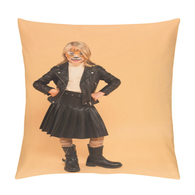 Personality  Cheerful Girl In Tiger Makeup, Leather Jacket And Boots Posing With Hands On Hips On Beige Pillow Covers