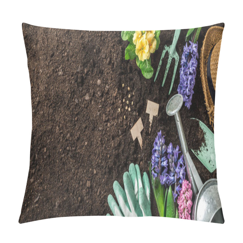 Personality  Spring Garden Works. Gardening Tools And Flowers On Soil Background. Pillow Covers