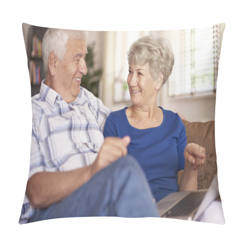 Personality  Senior Couple Using Laptop Together Pillow Covers