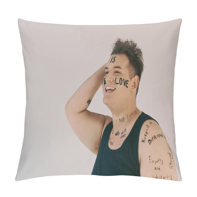 Personality  A Cheerful Individual Expresses Identity And Love Through Powerful Words Written Across Their Body. Pillow Covers