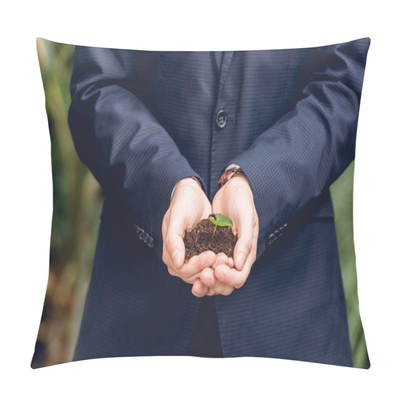 Personality  Partial View Of Businessman In Suit Holding Green Sprout And Ground In Hands In Orangery Pillow Covers