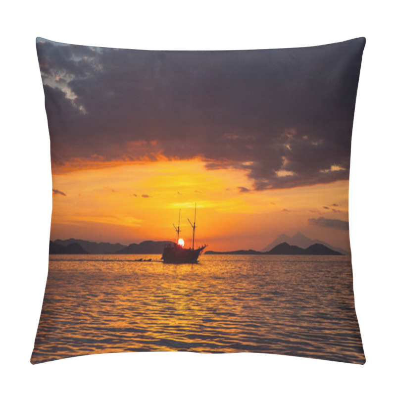 Personality  A Pinisi Schooner Sails Through Calm Seas At Sunset In Komodo National Park, Indonesia. This Tropical Region Is A Popular Destination For Scuba Divers, Snorkelers, And Nature Lovers. Pillow Covers