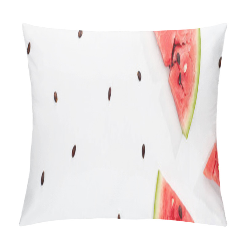 Personality  Panoramic Shot Of Fresh Watermelon Slices With Seeds On White Background With Copy Space Pillow Covers