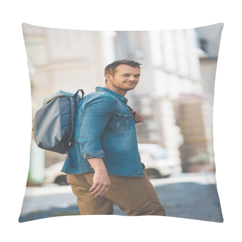 Personality  Attractive Young Tourist With Backpack Walking By Street And Looking At Camera Pillow Covers