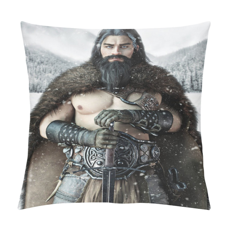 Personality  Portrait Of A Male Viking Chieftain Or Jarl Posing In His Norther Homeland With A Light Snow Falling.Warrior Is Equipped With A Long Sword, Leather Armor And Bear Skinned Coat. 3d Rendering Pillow Covers