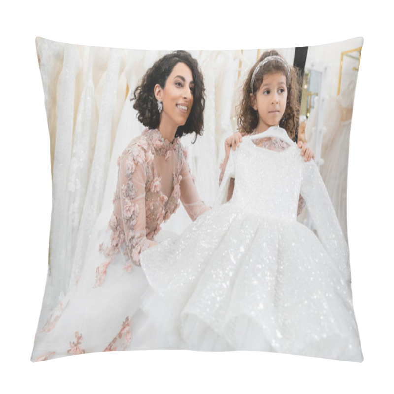 Personality  Cheerful And Brunette Middle Eastern Bride In Floral Wedding Gown Looking Away Near Her Little Daughter With Cute Dress In Bridal Salon Around White Tulle Fabrics, Process Of Preparation  Pillow Covers