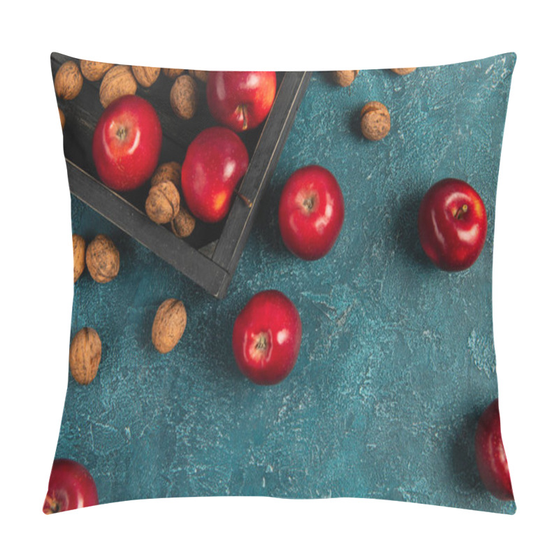 Personality  Thanksgiving Concept, Black Wooden Tray With Red Apples And Walnuts On Blue Textured Surface Pillow Covers