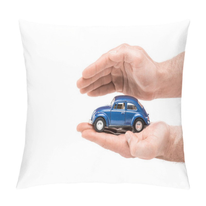 Personality  Cropped View Of Man Holding Blue Toy Car Isolated On White Pillow Covers