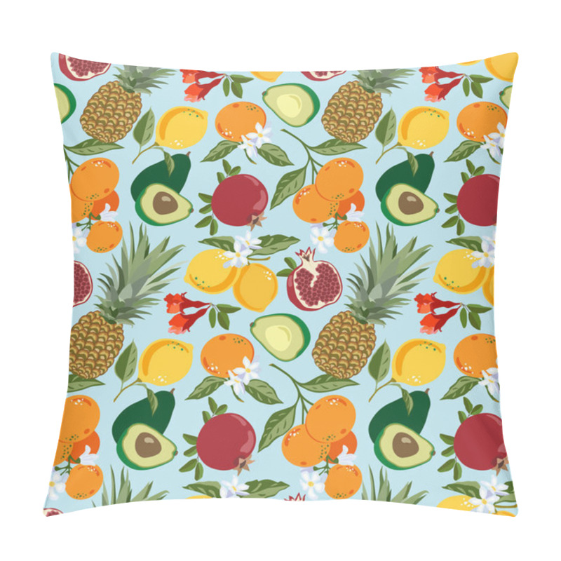 Personality  Seamless Pattern With Mix Of Tropical Fruits And Flowers Pineapples, Pomegranates, Lemons, Orange Tangerines. Cute Vector Pastel Background. Bright Illustration Of Summer Fruits.For Fabric, Decoration Pillow Covers