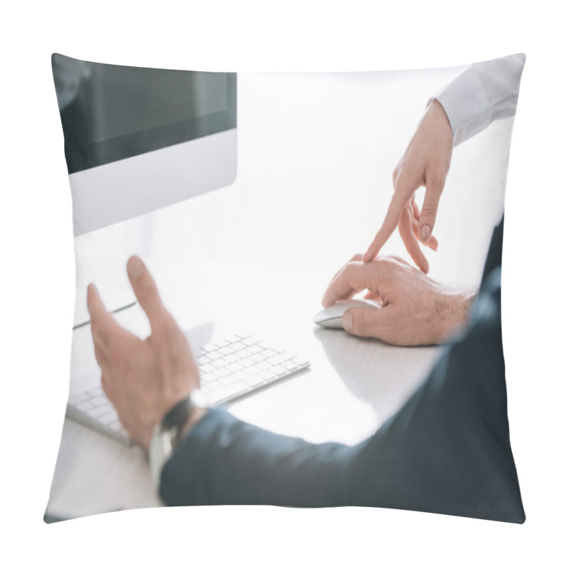 Personality  Cropped View Of Secretary Touching Hand Of Businessman In Office  Pillow Covers