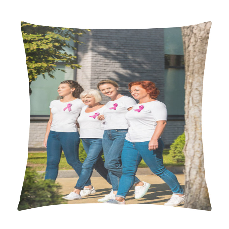 Personality  Smiling Women With Breast Cancer Awareness Ribbons Holding Hands And Walking Together  Pillow Covers