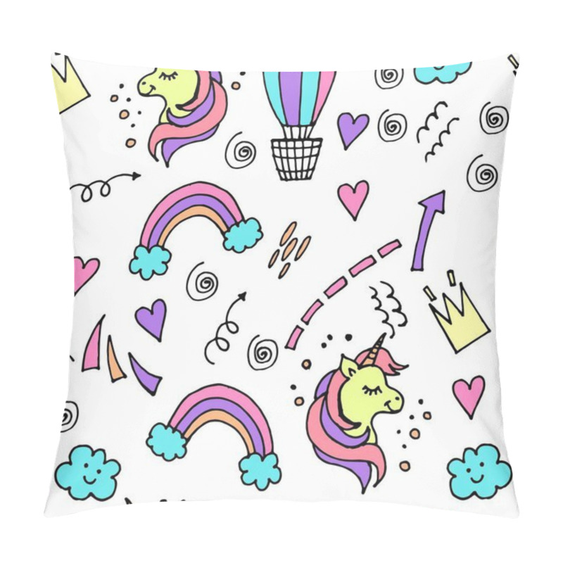 Personality  Seamless Pattern Children S Dudling For Girls, With Unicorns, Clouds, Rainbows And Hearts. Children's Background For The Design Of Textiles, Wallpaper, Packaging. Pillow Covers