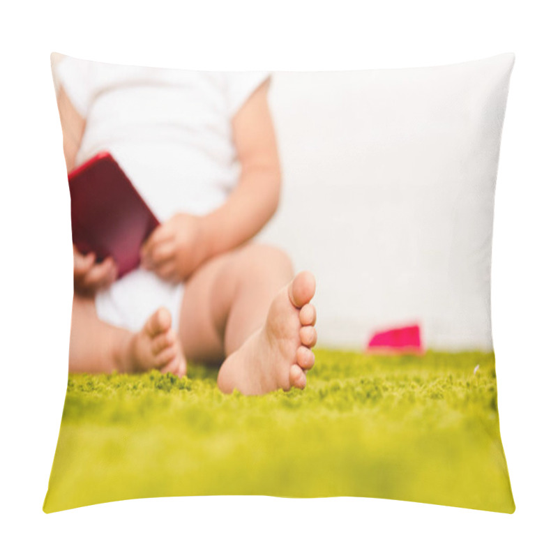 Personality  Partial View Of Little Barefoot Child Sitting On Green Floor And Holding Digital Device  Pillow Covers