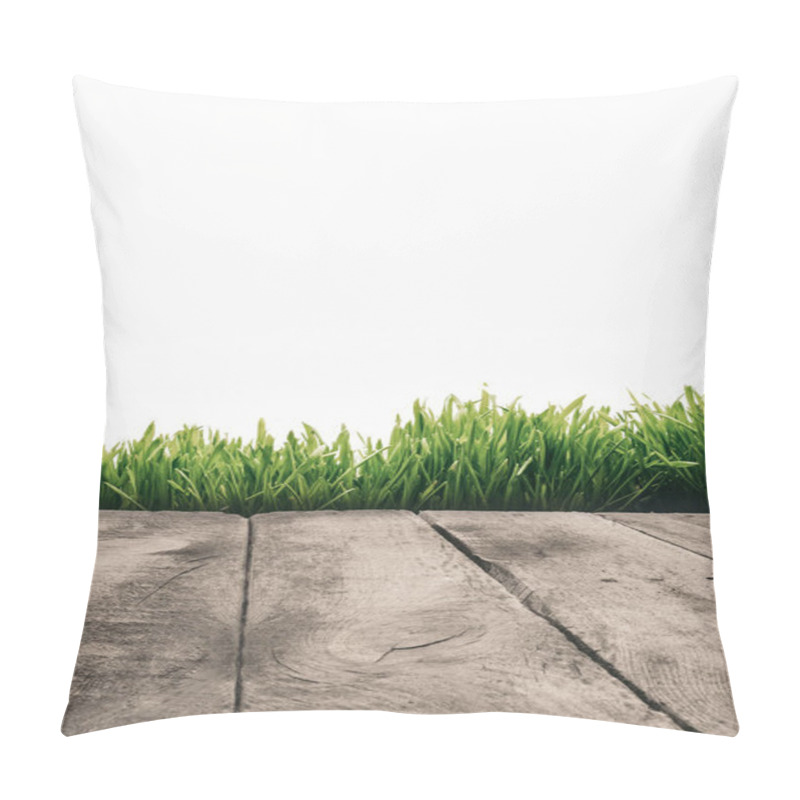 Personality  Full Frame Of Wooden Planks And Green Grass Isolated On White Pillow Covers