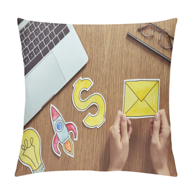 Personality  Cropped Image Of Woman Holding Message Sign At Table In Room Pillow Covers