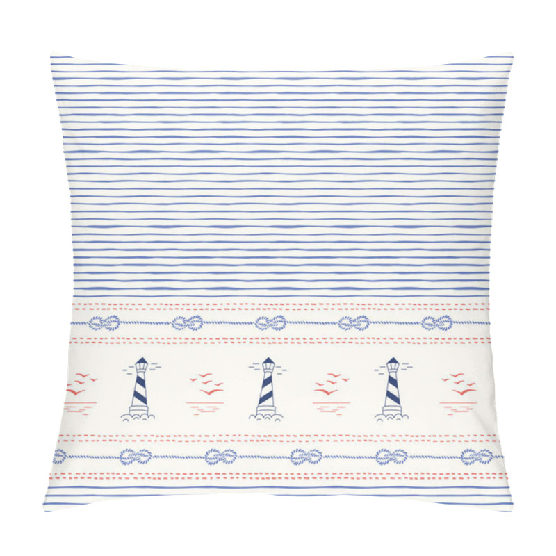 Personality  Hand-Drawn Horizontal Border With Ropes, Stitches, Marine Landscape And Lightouses Vector Seamless Pattern. Blue Stripes Pillow Covers