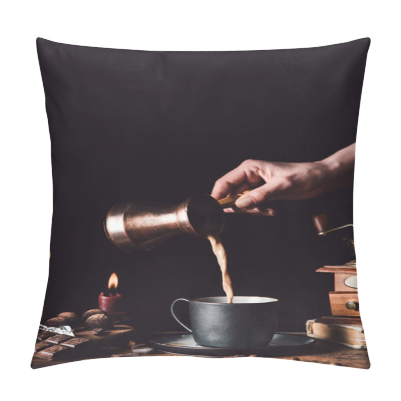 Personality   Cropped Image Of Woman Pouring Coffee From Turk Into Cup At Table With Chocolate, Truffles, Candles And Coffee Grains On Black Background Pillow Covers