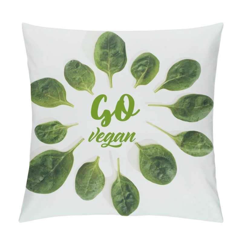 Personality  Top View Of Beautiful Fresh Green Leaves And Words Go Vegan Isolated On Grey Pillow Covers