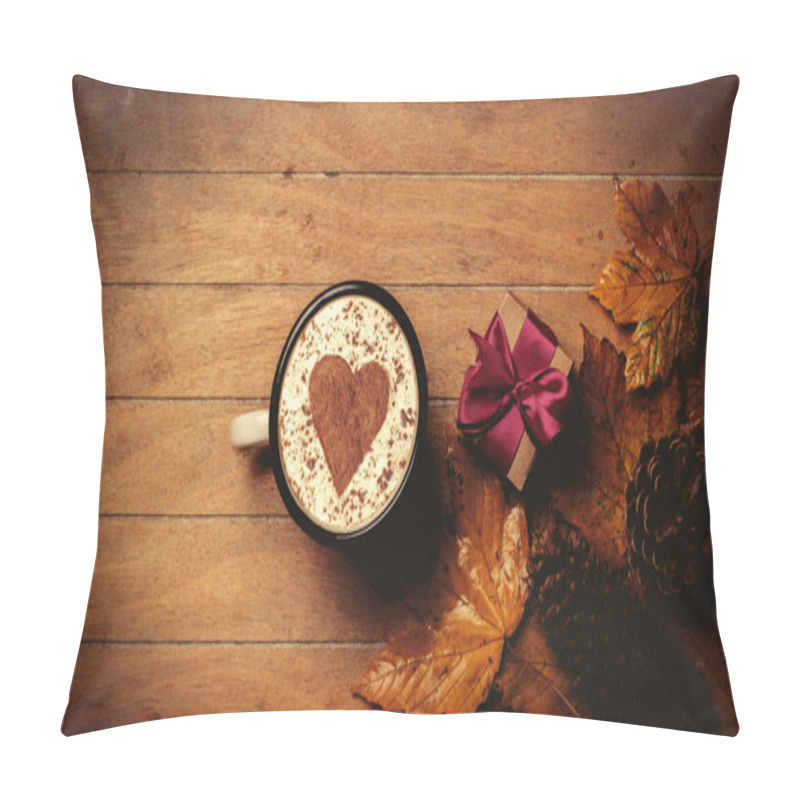 Personality  Cup Of Coffee With Heart Shape, Gift Box And Maple Leaves On Wooden Table Pillow Covers