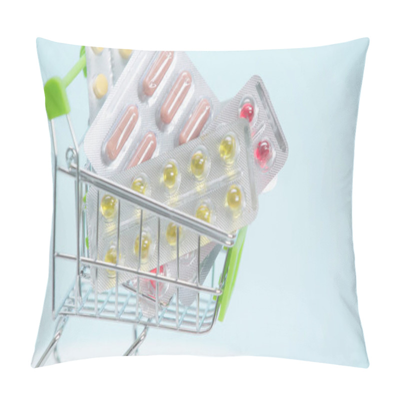 Personality  Close Up View Of Small Shopping Cart With Pills On Blue Background   Pillow Covers