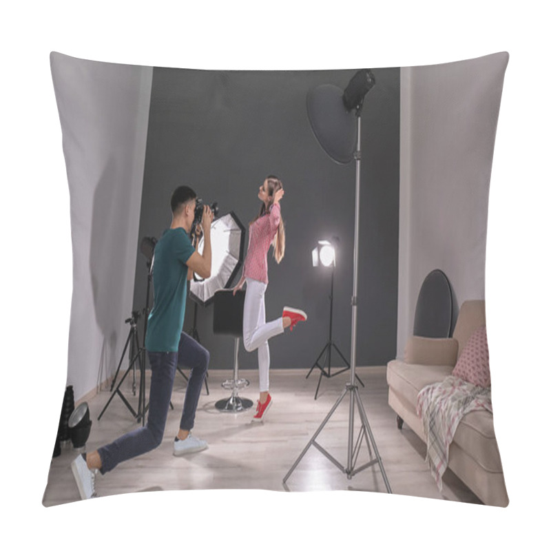 Personality  Beautiful Young Model Posing For Professional Photographer In Studio Pillow Covers