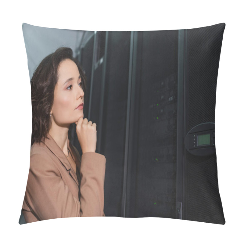 Personality  Thoughtful Woman Looking At Server While Working In Data Center Pillow Covers