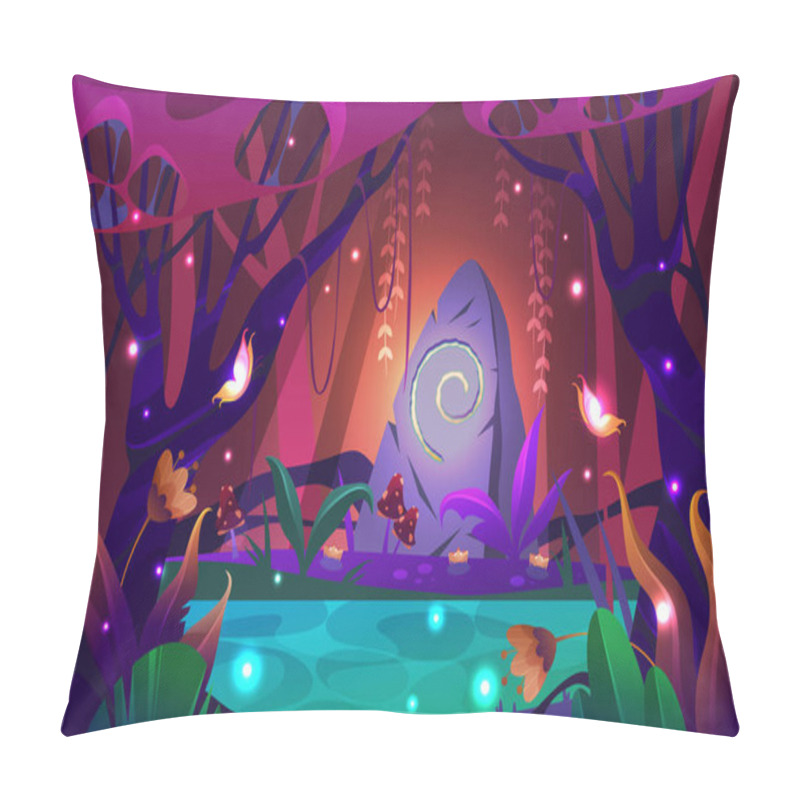 Personality  Enchanted Forest Or Charming Woodland, Vector Banner Or Background. Nightly Fantasy Nature, Fairy Plants, Mushrooms, Shining Fireflies And Butterflies. Magic Stone With Spiral Sign. Fairytale Scenery. Pillow Covers