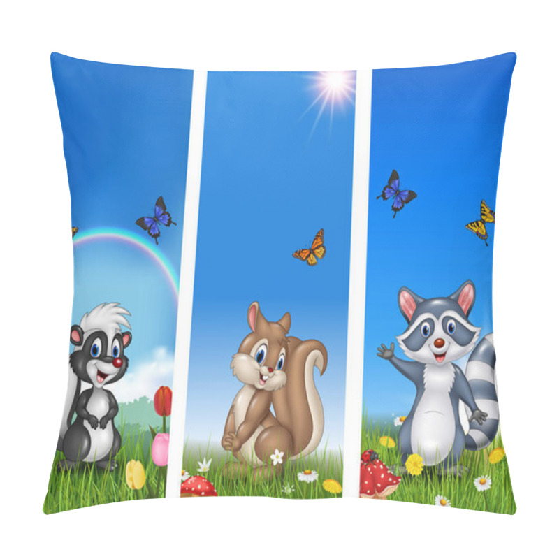 Personality  Set Of Tree Funny Animal With Nature Background Pillow Covers