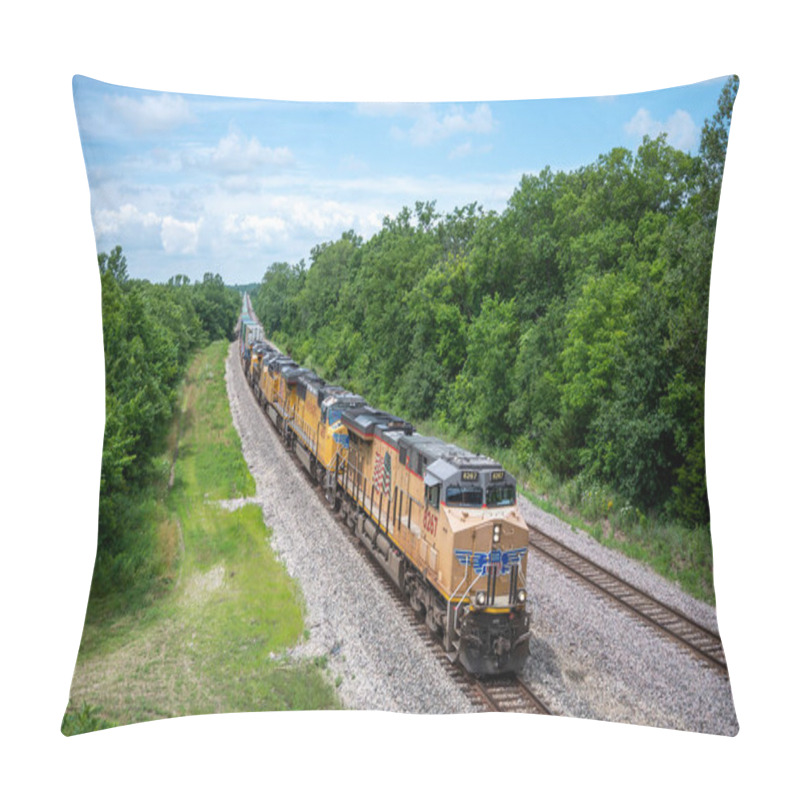 Personality  A Bird's Eye Shot Of The UP Train Consists On The BNSF Railroad Main Line On A Sunny Day In Missouri, United States Pillow Covers