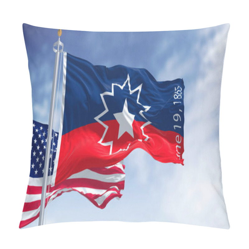 Personality  The Juneteenth Flag Waving In The Wind With The American Flag. Juneteenth Is A Federal Holiday In The United States Commemorating The Emancipation Of Enslaved African-Americans Pillow Covers