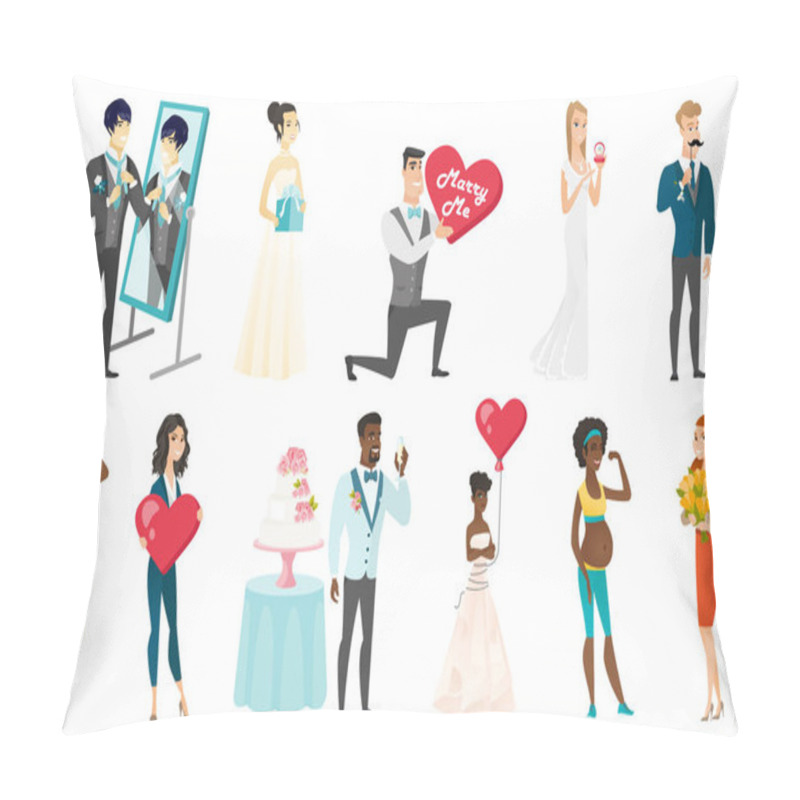 Personality  Bride And Groom Vector Illustrations Set. Pillow Covers