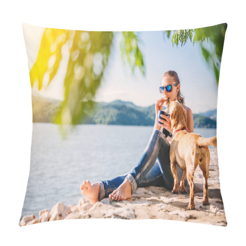 Personality  Woman With Sunglasses Wearing Black Bikini And Jeans Drinking Coffee And Eating Cookies On The Beach With Her Small Yellow Dog Pillow Covers