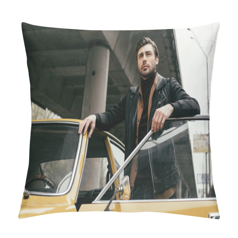 Personality  Low Angle View Of Handsome Stylish Man Looking Away While Standing Near Yellow Classic Car Pillow Covers