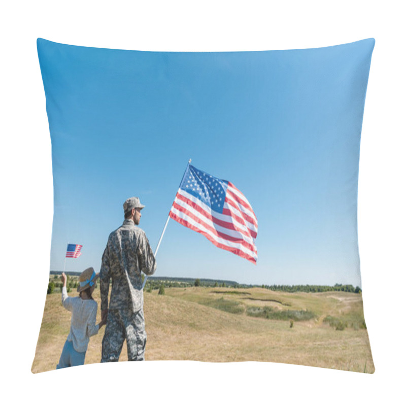 Personality  Soldier Holding Hands With Kid In Straw Hat And Holding American Flag  Pillow Covers